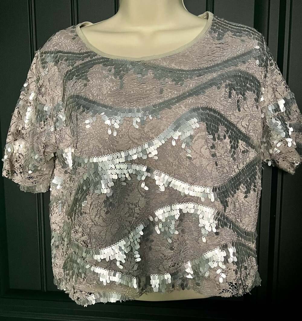 Sans Souci Sequin Top Size S Gray Short Sleeve Lace Lined
